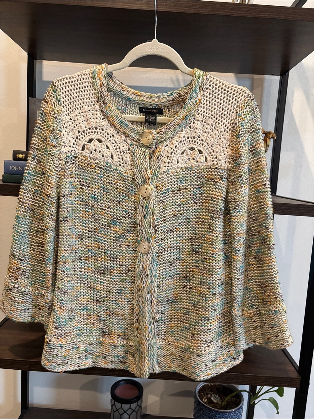 Bcbgmaxazria Boho Cream Multicolor Crochet Yoke Buttoned Cardigan Large